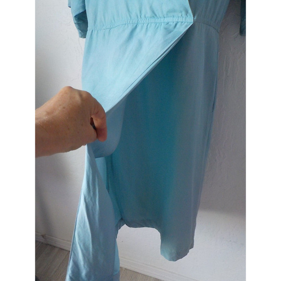 VTG 100% Silk Oleg Cassini Blue Teal Midi Dress Women 8 Faux Wrap Utility 90s - Picture 3 of 11